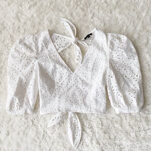 Dynamite Woman White Cotton Eyelet Embroidery Puff Sleeve Open Tie Back Crop Top